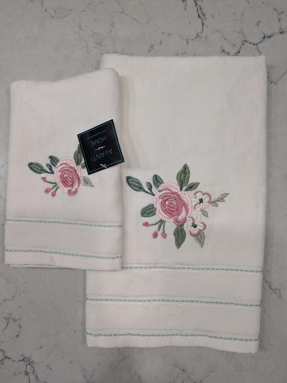 Avanti White Towels with Pink Rose Embroidery